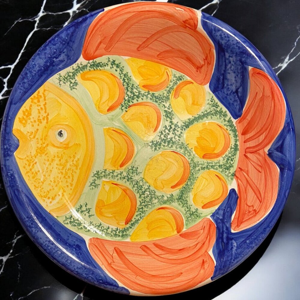 Bella Ceramica Gone Fishing Coral Peach Orange Blue Fish 10.75" Dinner Plate